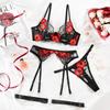 "Sexy European & American Mesh Lingerie Set: Ultra-Thin, Steel Ring Top Support with Floral Embroidery & Garters"