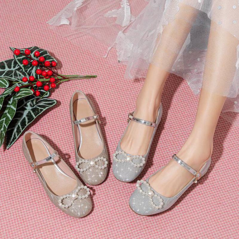 New girls single shoes sweet princess shoes older girls shoes bow buckle sequined crystal catwalk leather shoes
