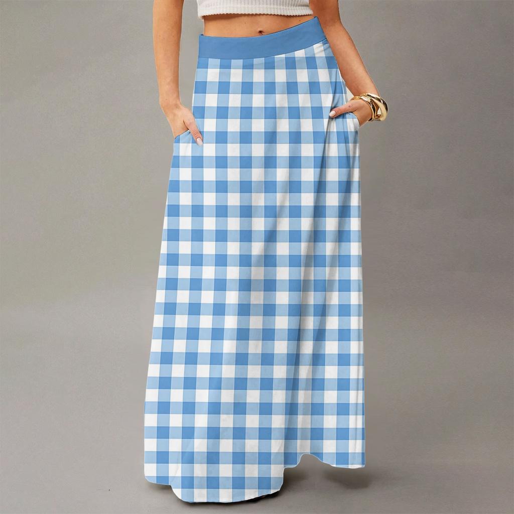 Damen Lässig Freizeit Faltbar Gestreift Kariert Druck Hohe Taille Mit Tasche Drapierter Entspannter Langer Maxi Rock