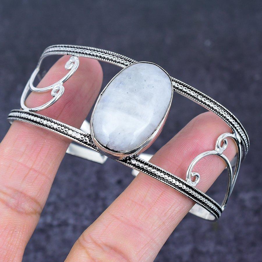 Moonstone Ethnic 925 Sterling Silver Cuff Bangle Adjustable u6Q27