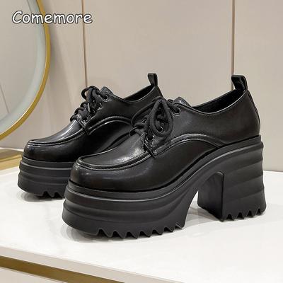 Fashion Gothic Chunky High Heels Loafers for Woman New Leather Platform Loafers Female Solid Color Thick Heeled Lolita Shoes 2025