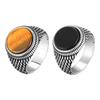 Prjewel Round Tiger Eye Stone Top Finger Band Black Zircon Stainless Steel Stamp Ring Dragon Scales Textured Signet for Men