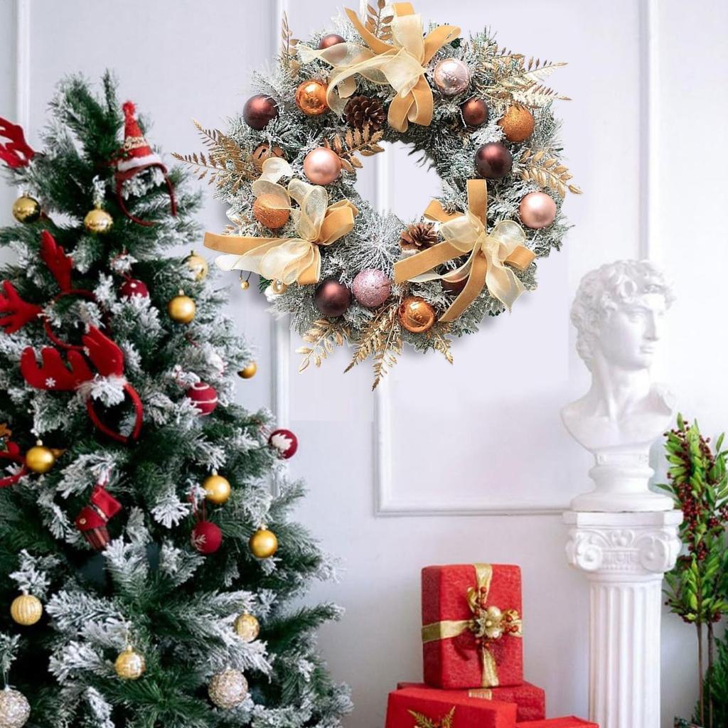 Christmas Wreath Outdoor With Pine Cone Balls Bow Winter Holiday Decor Artificial Christmas Wreath For Entrance Porch Outdoor