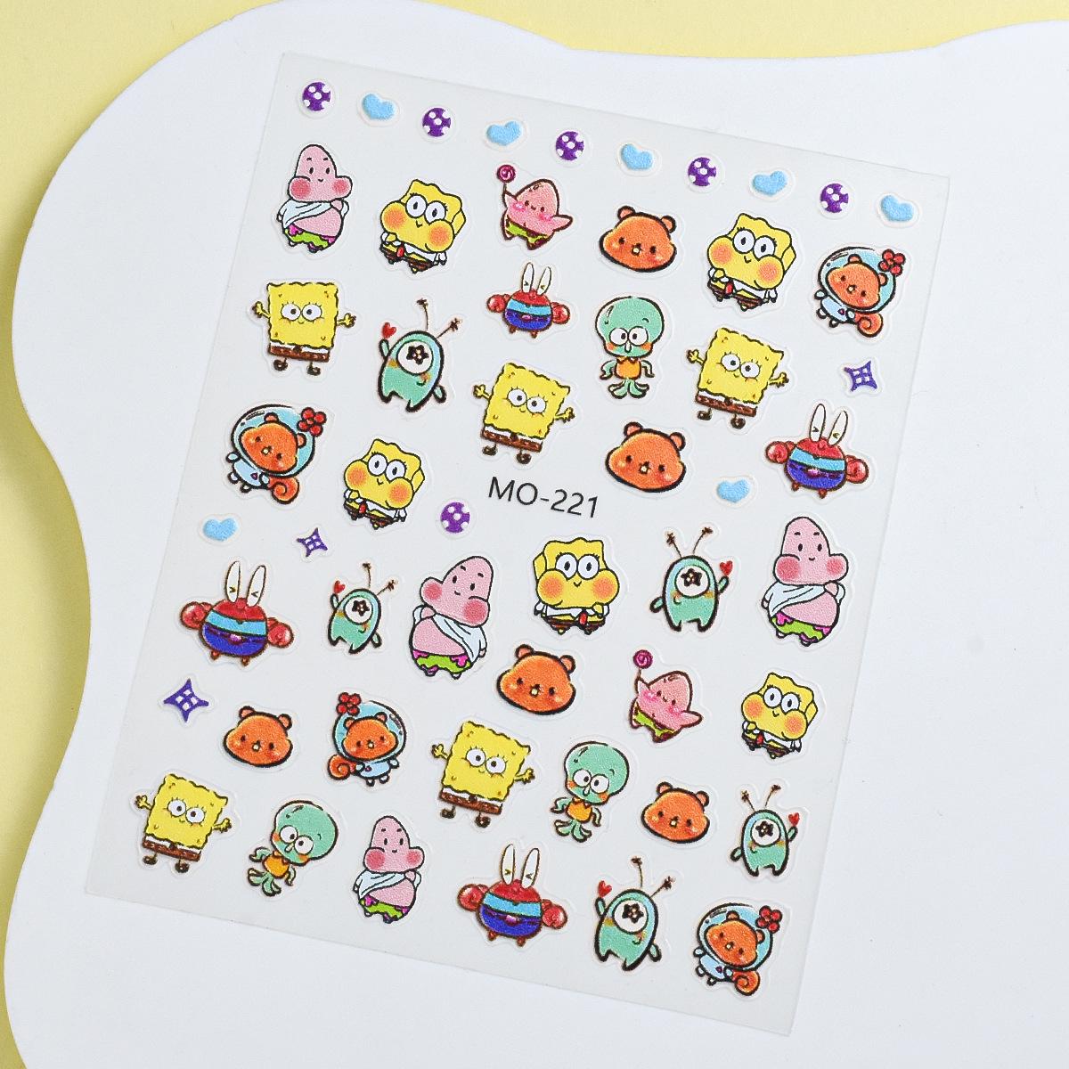 SpongeBob 3D Nail Stickers: Cute Rainbow & Cartoon Characters like Sandy, Mr. Krabs, and Little Octopus.