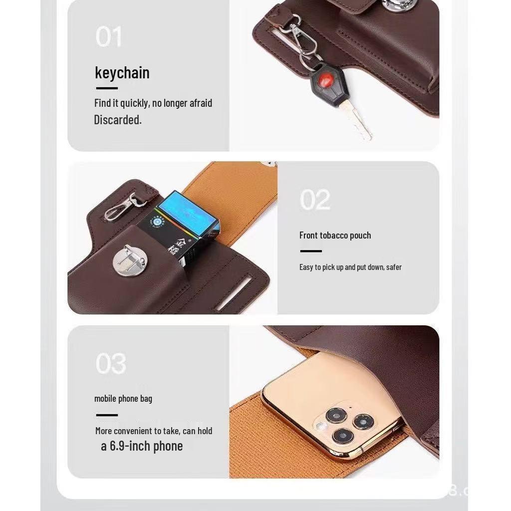 Men's Vertical Leather Phone Waist Pack - Holds Phone, Cigarette Case, Keys - Construction Site Ready with Belt Loop.