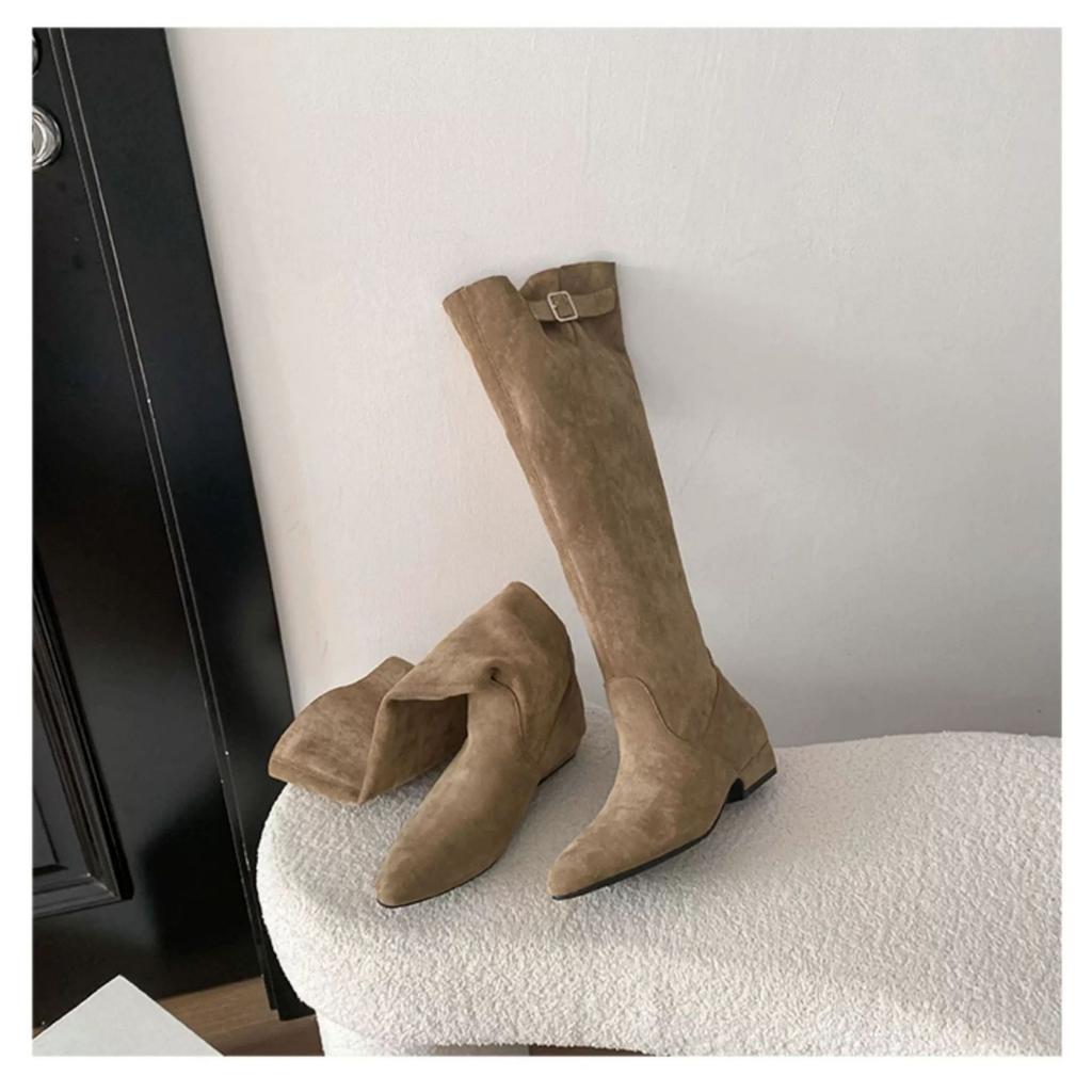 Retro Stacking Boots Women's 2025 New French Slim Tall Boots Thick Heel Suede Khaki Boots