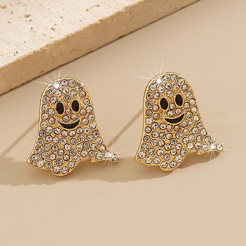 

2pcs Vintage-Inspired Cute Metal Ghost Earrings with Sparkling Rhinestones - Perfect for Halloween,Graduation,and Party Fun