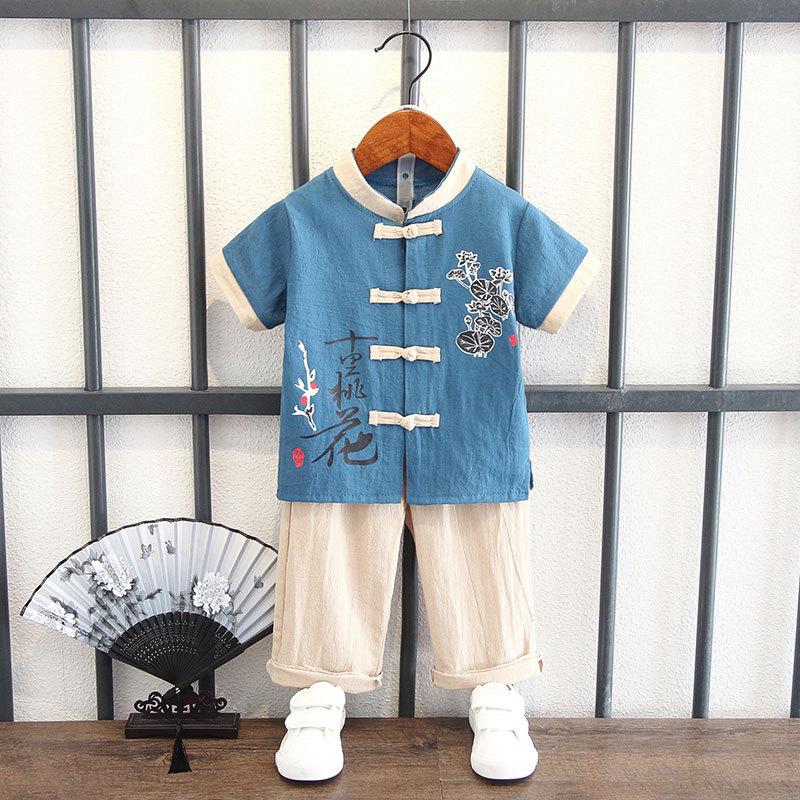 Boys Summer Hanbok Suit Chinese Style Baby Anniversary Dress Full Moon Week Clothes Ancient Costume Fu Style Breathable Performance Outfit