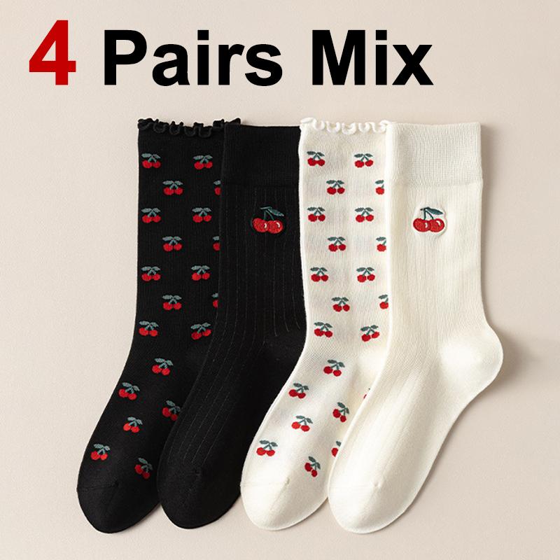

4 пары женских носков с круглым вырезом и плиссировкой по бокам с рисунком в виде вишни, мягкие, удобные, впитывающие пот, дышащие, модные, повседневные носки One Size