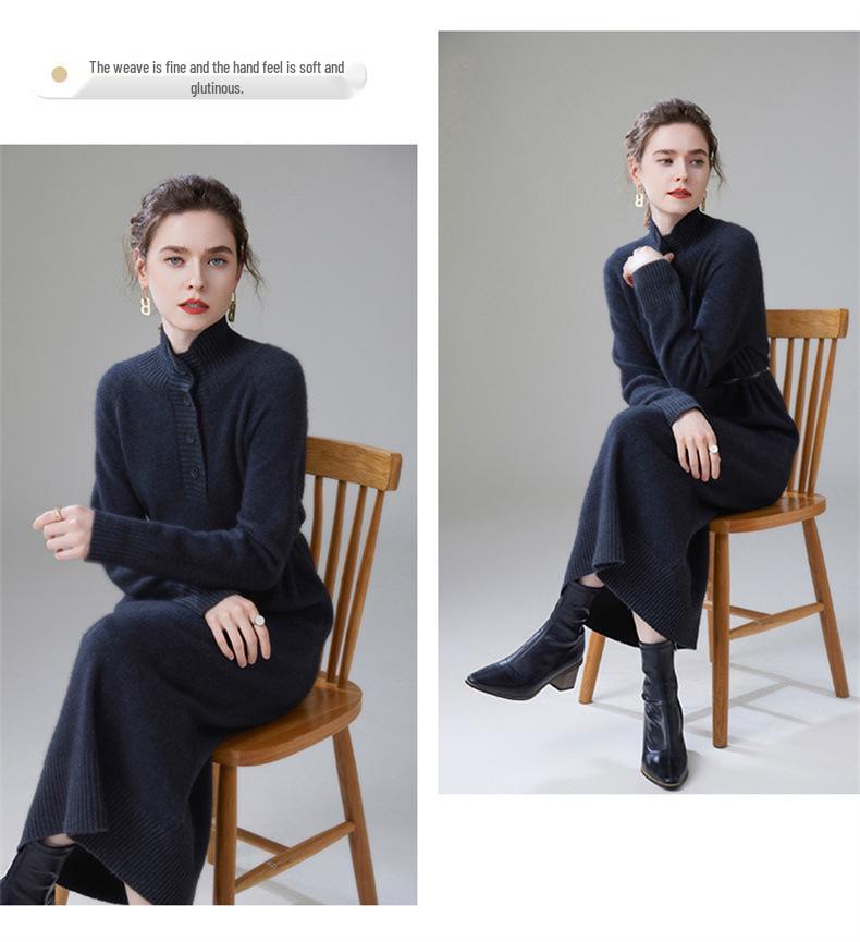 Women's High-Neck Cashmere Knit Dress - Button-Up, Knee-Length, Thick for Autumn/Winter