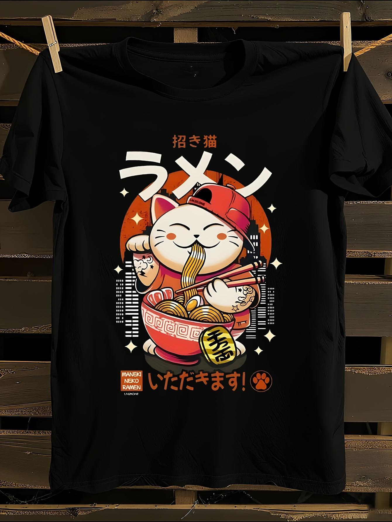 Japanese Ramen Cat Anime Graphic T-shirt L