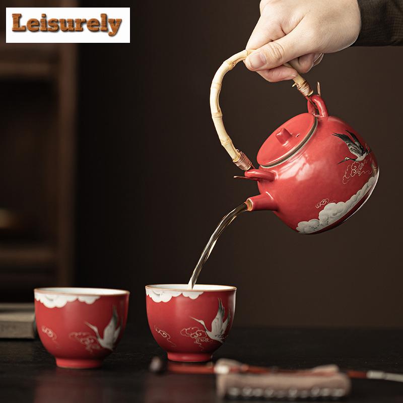 Verbotene Stadt Rot Glückskranich Teegeschirr Komplettes Set Teezeremonie Set Teekanne und Teetasse Set Chinesisches Teegeschirr Handwerkskunst Geschenkbox