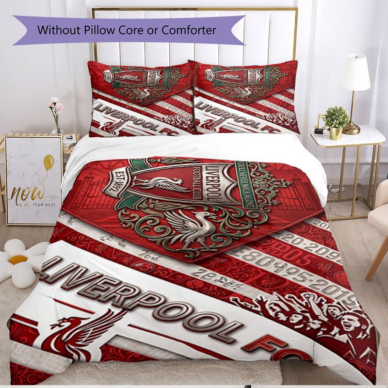 3-teiliges Bettbezug-Set (1 * Bettbezug + 2 * Kissenbezug, ohne Kern), Liverpool Football Club Druck Weiches Ganzjahres-Bettwäscheset, Heimschlafzimmer-Dekoration Geschenk