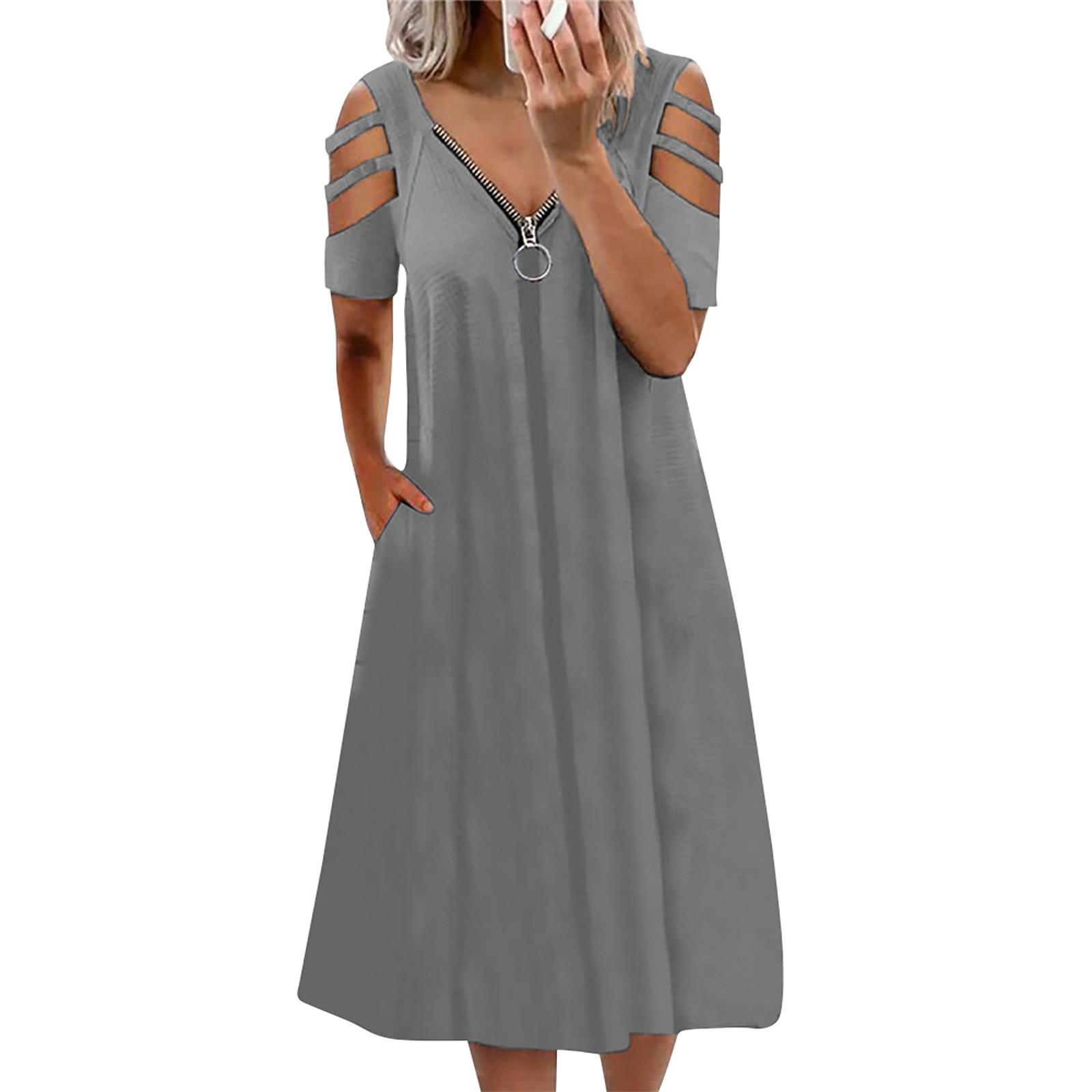 Summer Women s Sexy V-Neck Zipper Color Short-Sleeved Dress L