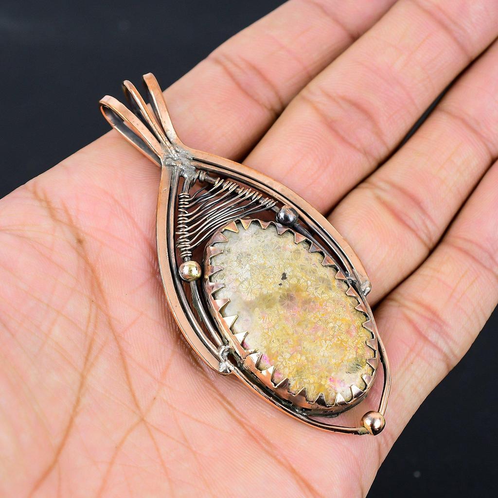 Elegant Fossil Coral Gemstone Pure Copper Wire Wrapped Handmade Pendant Jewelry