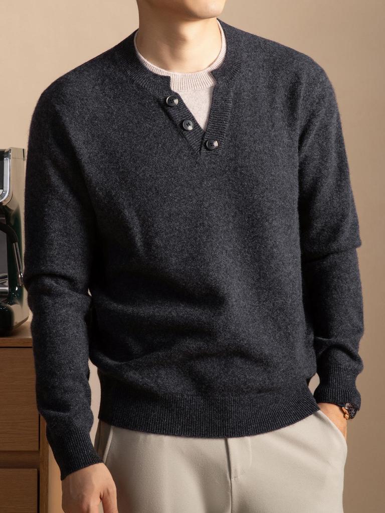 Men's Cashmere-Blend Thick Knit Sweater - Round Neck, Relaxed Fit, Faux Two-Piece, Casual Style