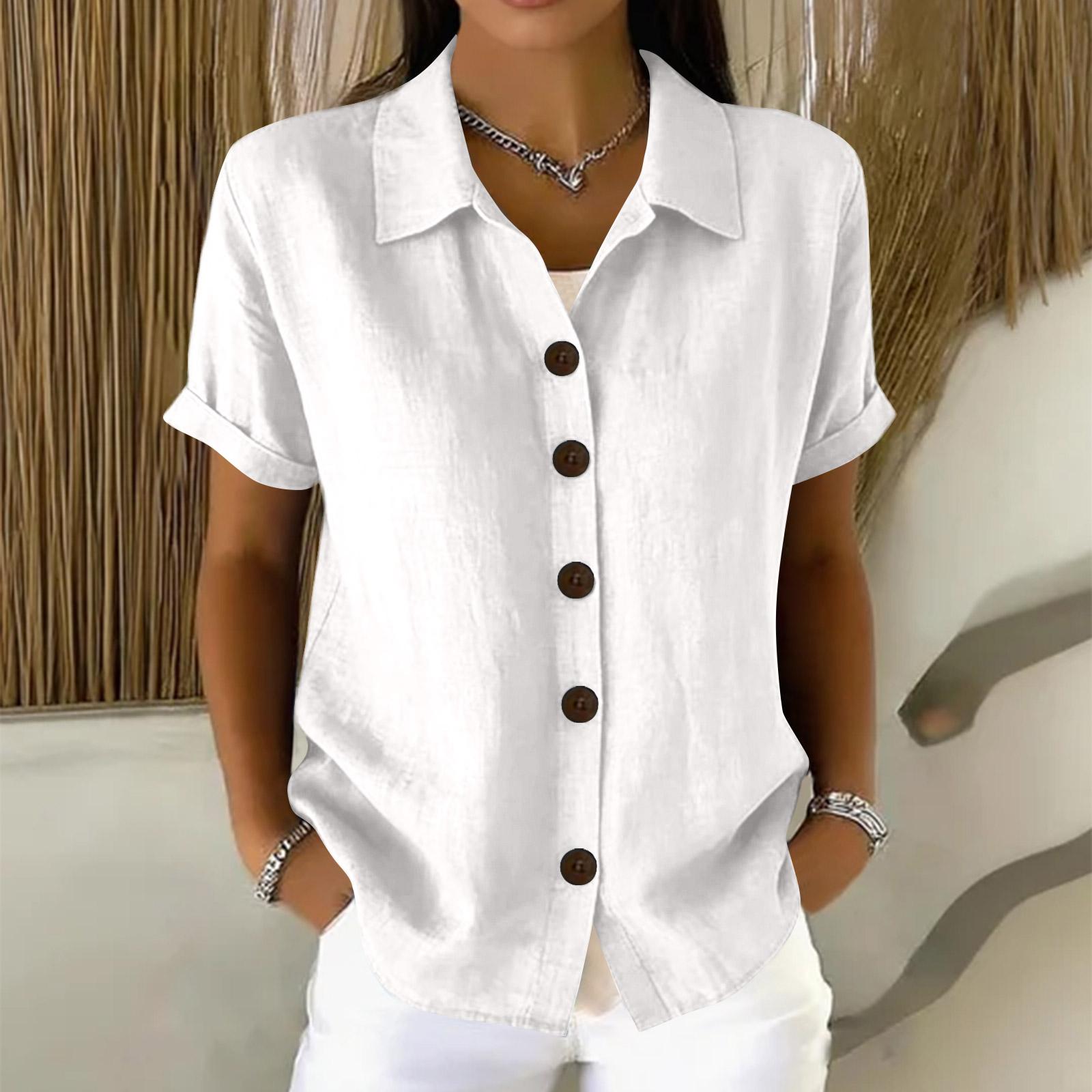 Women s Casual Comfortable Button Cotton Linen Short Sleeve Shirt Top XL