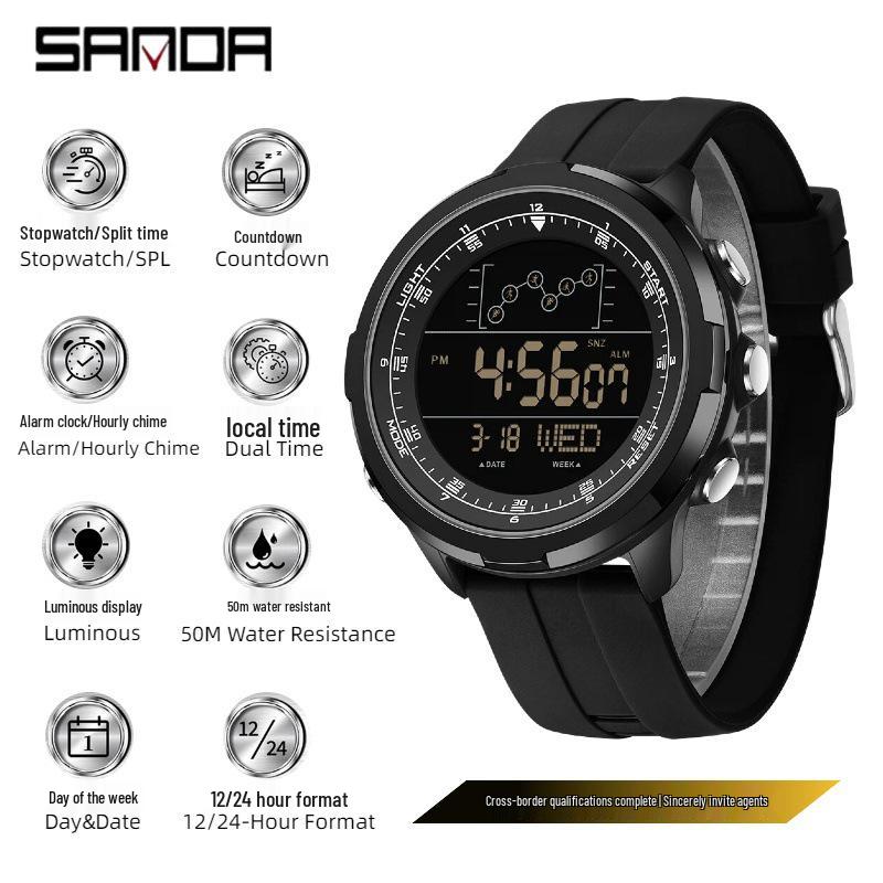 Sanda Sports Fashion Watch: Segmented Timer, Calendar, Luminous Dial, Large Face, Simple Student Design.