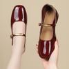Fashion Shallow Single Shoes Women 2025 Summer New Red Patent Leather Evening Style Square Head Low Heel Flat Mary Jane Shoes