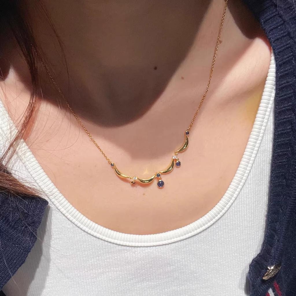 Anenjery Lace Blue Water Droplet Tassel Necklace For Women Retro Sweet High-end Personalized Versatile Collarbone Chain Jewelry Gift