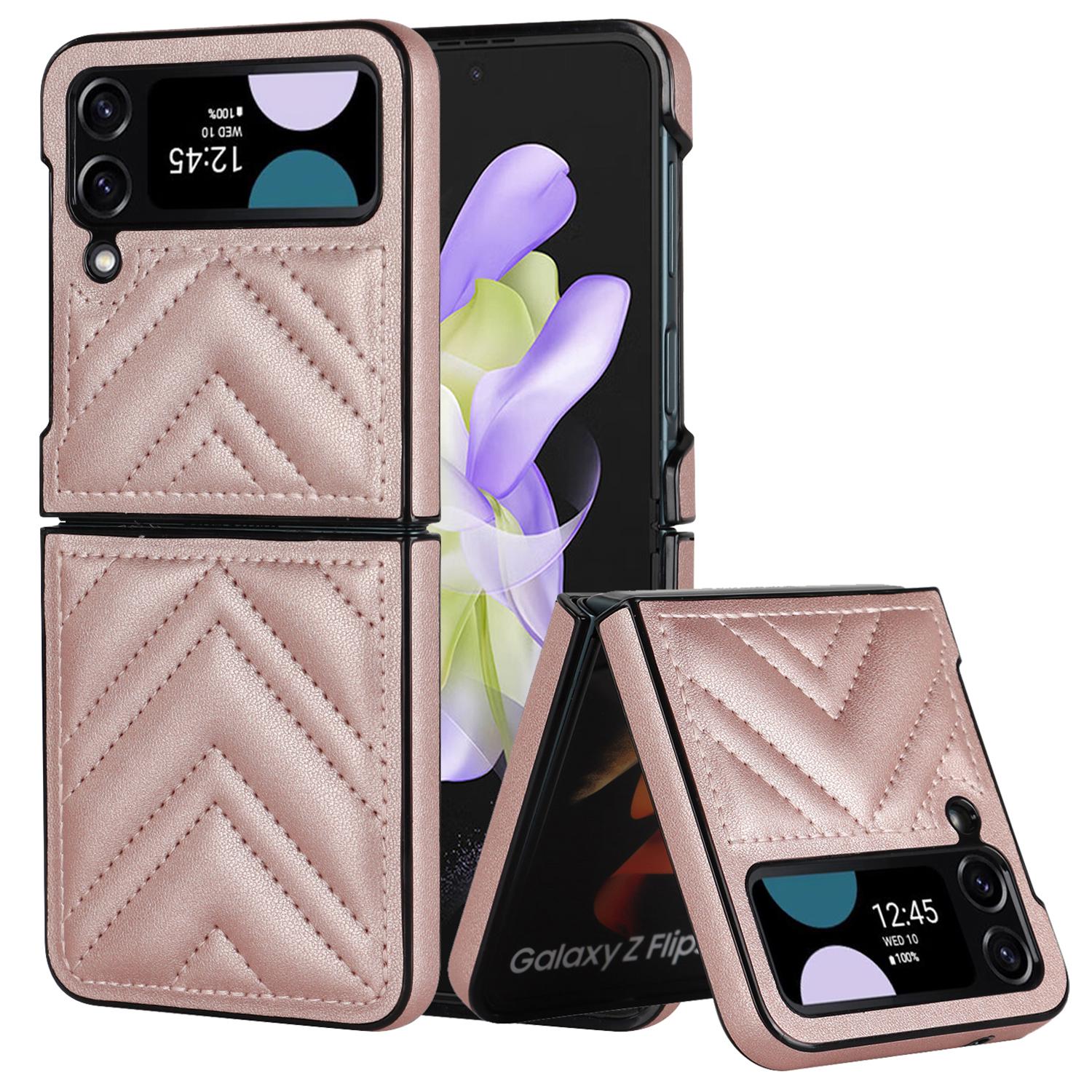 

For Samsung Galaxy Z Flip4 5G V-Shape Stitching Phone Case PU Leather Coated PC Anti-Scratch Cover Rose Gold