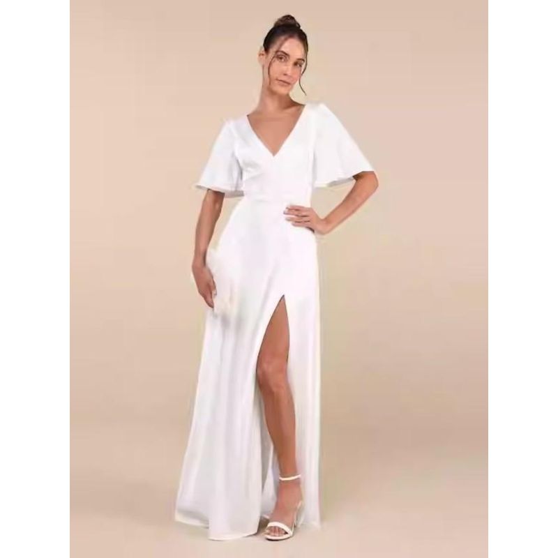 Export Single Lu's Smooth Acetate Satin Comfortable Horn Flying Sleeves Elegant Silm Annual Party Party Long Dress