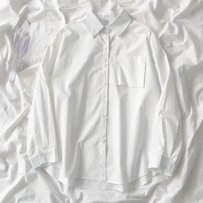 White Long Sleeve Shirt Women Autumn Turn Down Collar Loose JK Uniform Student Blouse Vintage Oversize Top Female Blusas