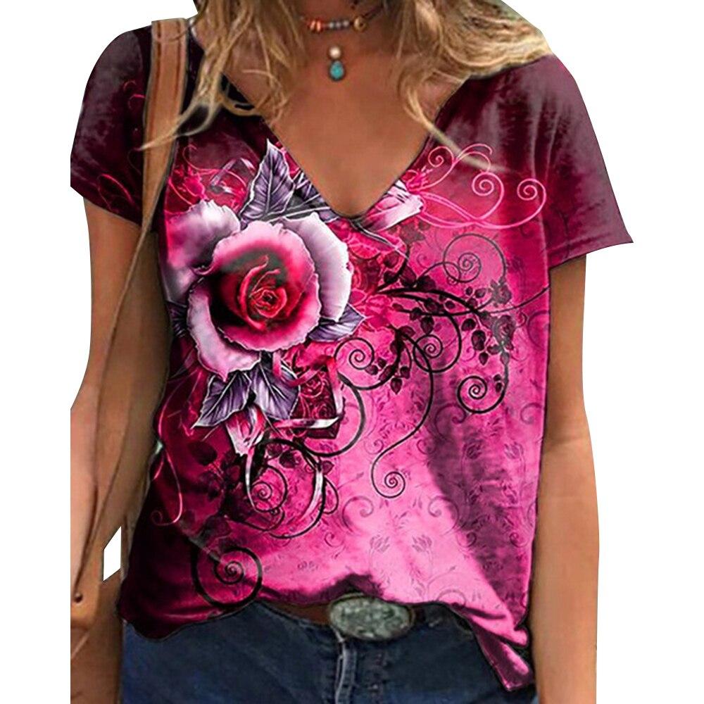 Fashion Spring  Rose Print Blouses Short Sleeved V-Neck T Shirts Casual
