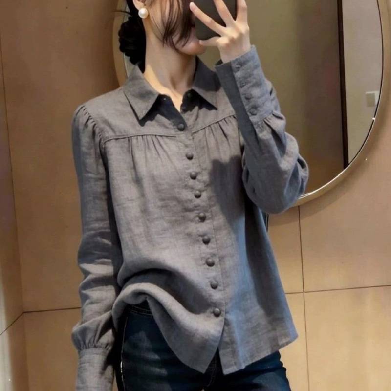 Spring Korean Style Gray Long Sleeve Shirt With 3d Print For Work And Casual Wear