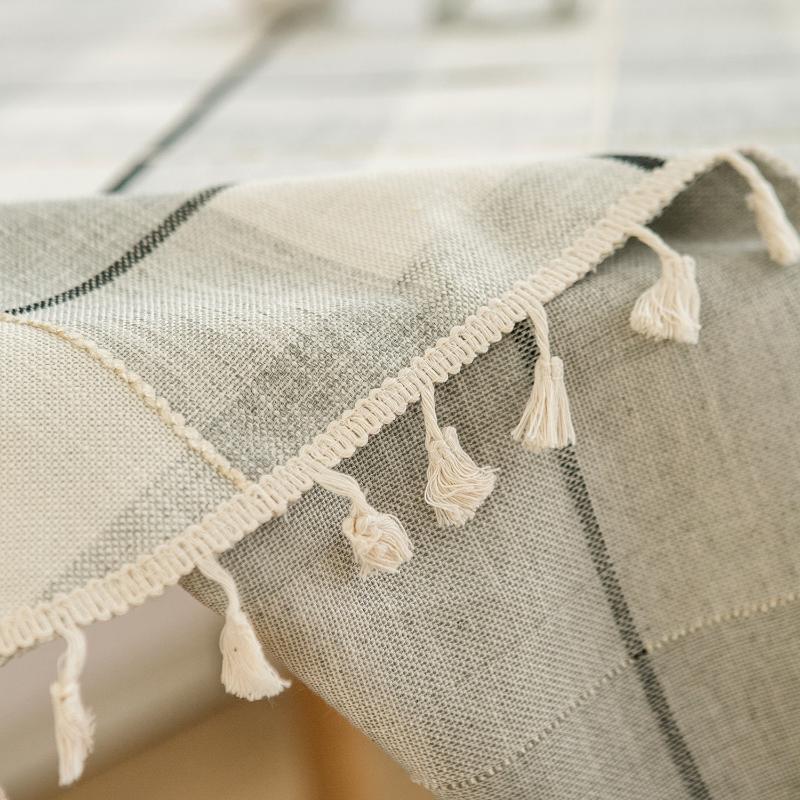 Round Tassel Plaid Tablecloth 150 X 150cm,Polyester Imitation Cotton and Linen Cotton Linen Fabric Table Cover Kitchen Dining Tabletop Decoration,1pc