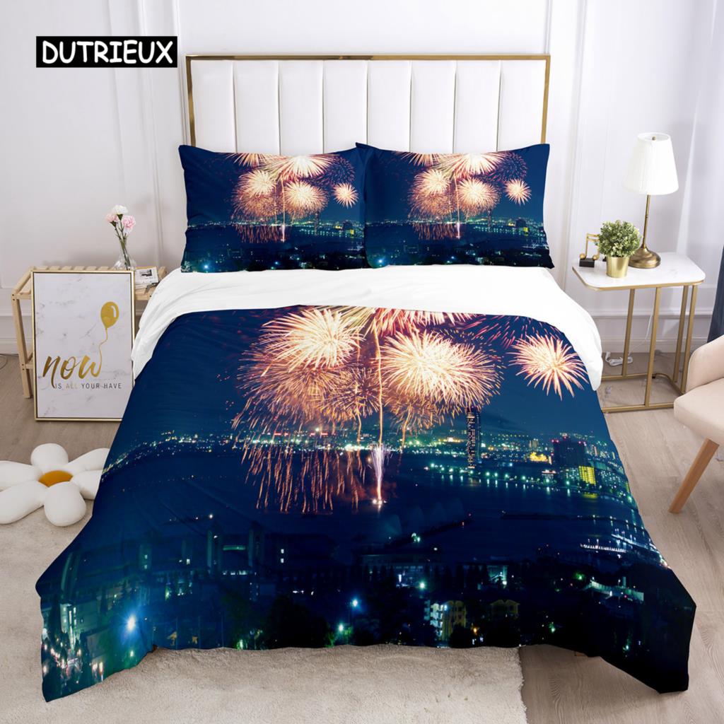 Firework Duvet Cover Set Queen Size Colourful Fires Bedding Set Microfiber Celebrate Merry Christmas Theme Soft Comforter Cover
