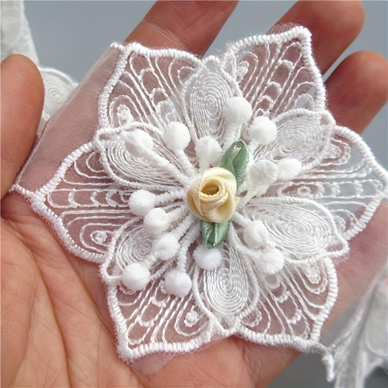 1 Yard (About 13 Flowers) White Cotton Hexagonal Flower Embroidered Lace Trim Ribbon, Polyester Sewing Supplies for Diy Crafts and Costume Decorations