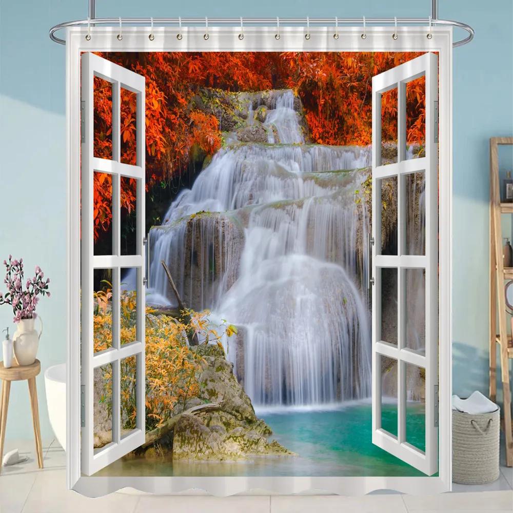 Simulation Window Beach Forest Outdoor Shower Curtain Tropical Seaside Landscape Bohemian Cloth Hanging Curtains Bathroom Decor