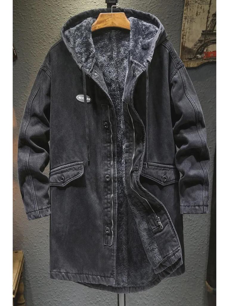 Men's Winter Hooded Denim Jacket - Loose, Large-Size, Mid-Length, Thick Warm Cotton Coat