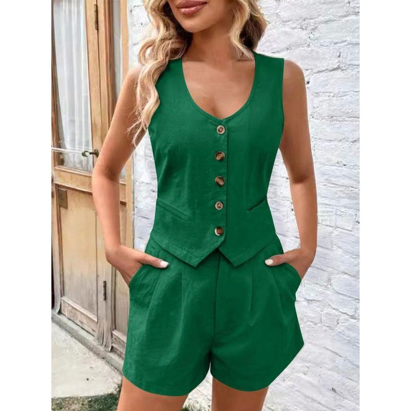 Solid Color V-neck Sleeveless Casual Suit Solid Color and V-neck Sleeveless Casual Suit