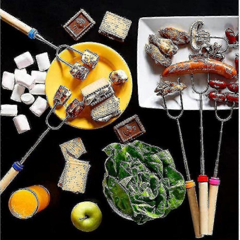 Grill Stick Wooden Handle Set 8 Skewers Retractable Fork Grill Tools