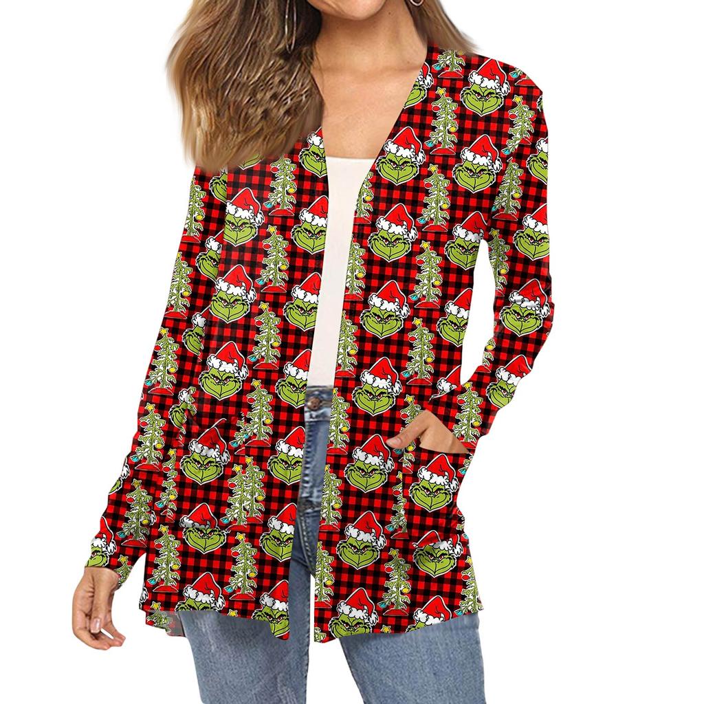 Women's Fashion Christmas Print Long-Sleeved Pocketed Slim-Fit Cardigan Coat