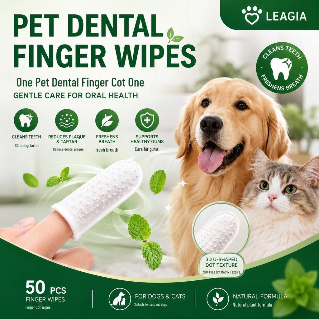 Pet Dental Finger Wipes for Dogs & Cats - Odor Control, Tooth Cleaning, No-Rinse, Disposable