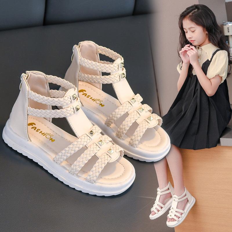 Girls Black Woven Studded Roman Style Casual Sandals