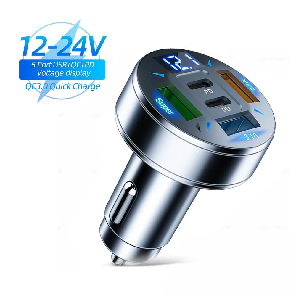 250W 5 Ports Car Charger PD QC3.0 USB C Car Phone Charger Type C Fast Charging Adapter in Car For iPhone Samsung Huawei Xiaomi