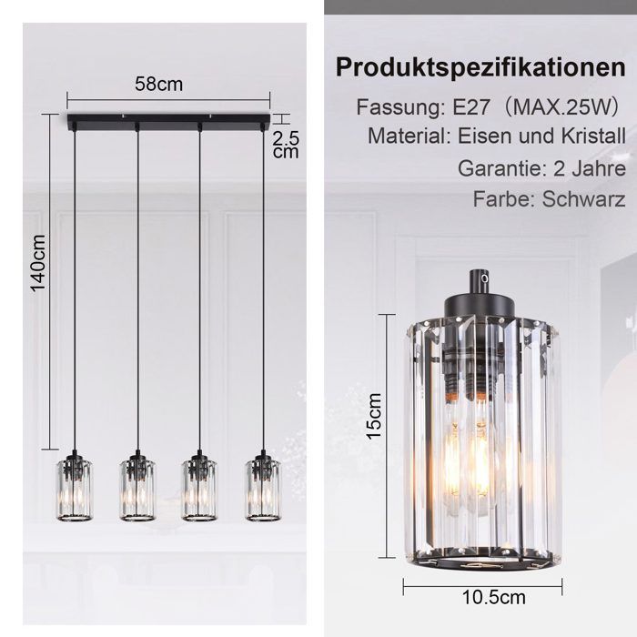 Lampe suspendue - NETTLIFE - Suspension 4 flammes (table à manger) - Noir - Métal & verre - E27