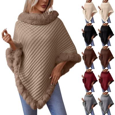 Damen Pullover mit einfarbigem Wollkragen, dicker Vintage-Karomuster, gestrickter Mantelschal für Partys
