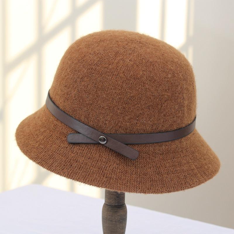 

Шерстяная шляпа женская осенне-зимняя модная универсальная с поясом однотонная шляпа-колокол с маленькими полями куполообразная с короткими полями шляпа-ведро женская Adult (56-58cm)
