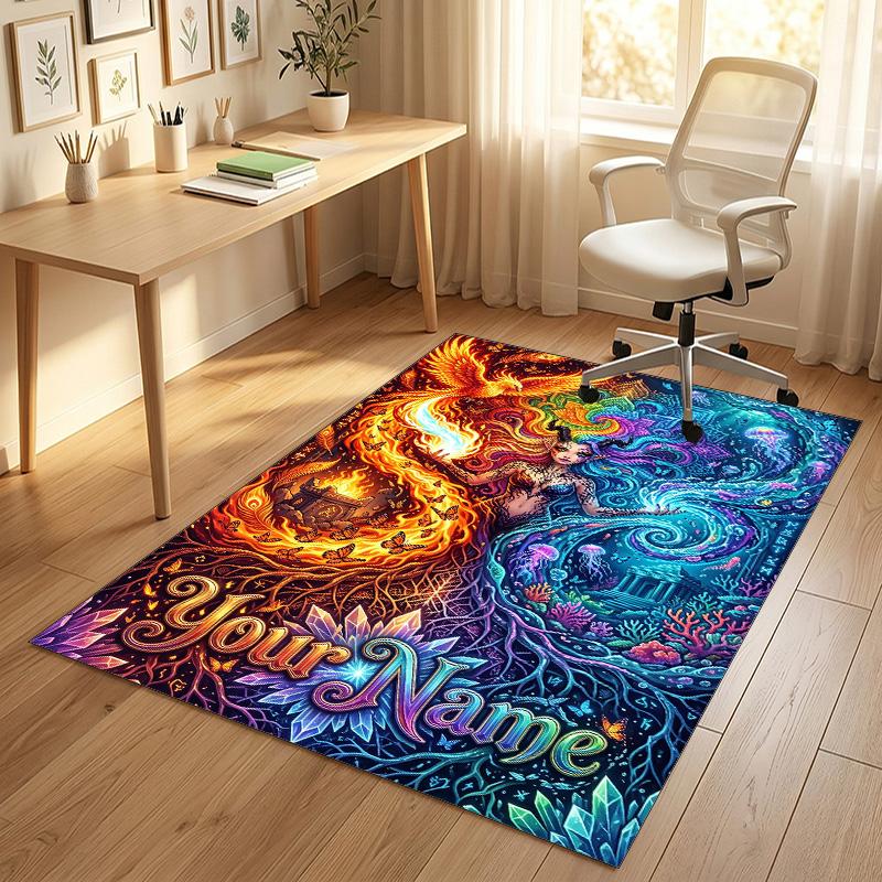 Dragon Phoenix Theme Crystal Velvet Rug Personalized Custom Name Text Soft Floor Mat Home Decor