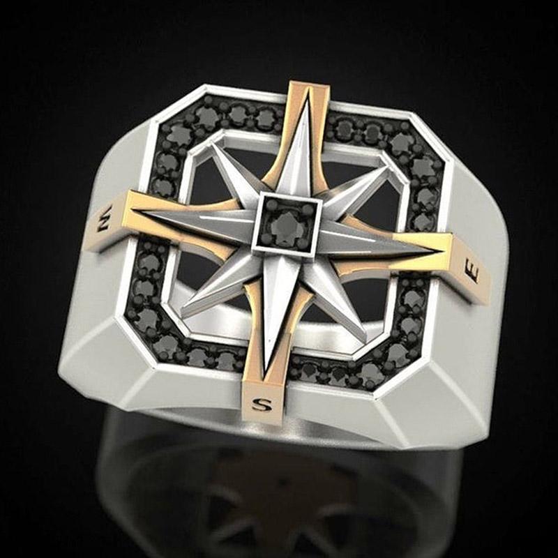 Retro Viking Style Nautical Compass Seal Ring Male Gold Color Two-Color Stainless Steel Rings Fashion Vintage Jewelry for Men