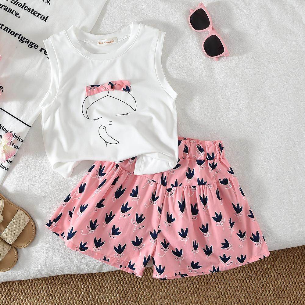 Girls Summer Bow Sleeveless Vest And Shorts Two Piece Set With Belt Kids Clothing Outfit 100cm
