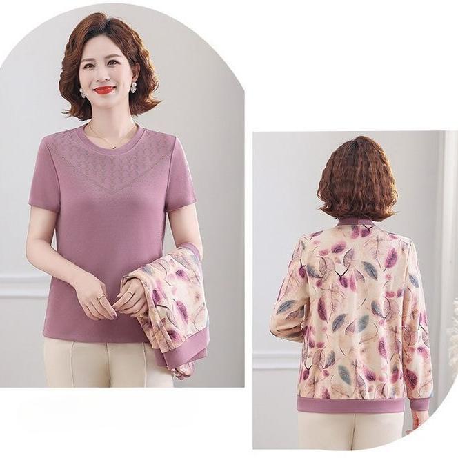 Women's Knit Top Two-Piece Set for Spring Women's Printed Knit Cardigan Round Neck Knit Short Sleeve T-Shirt Two-Piece Set Outdoor Wear