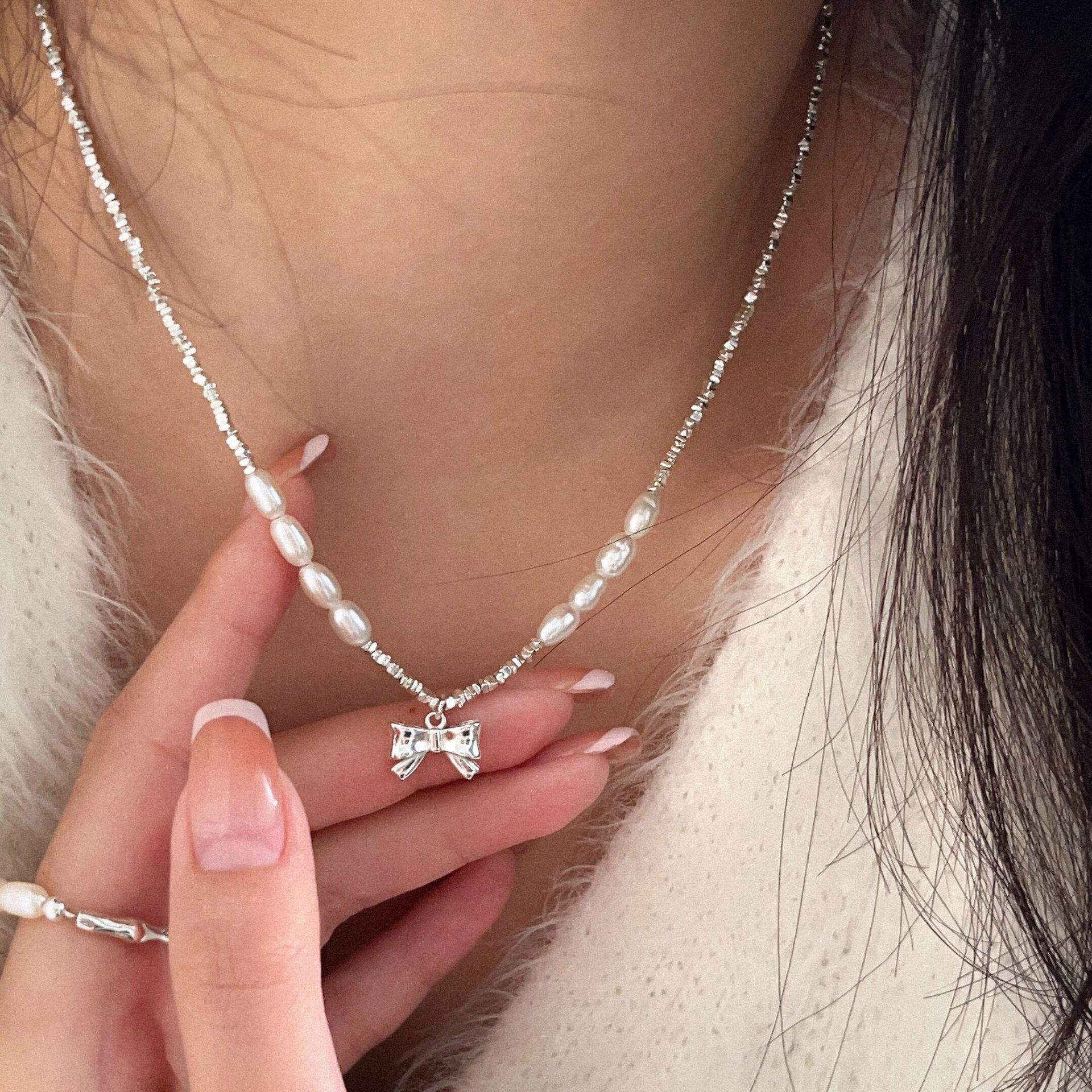 

DIANJIE S925 Серебряное ожерелье с бантиком, сломанное серебро, пресноводный жемчуг, женский темперамент, высокий смысл, цепочка на ключицы 925