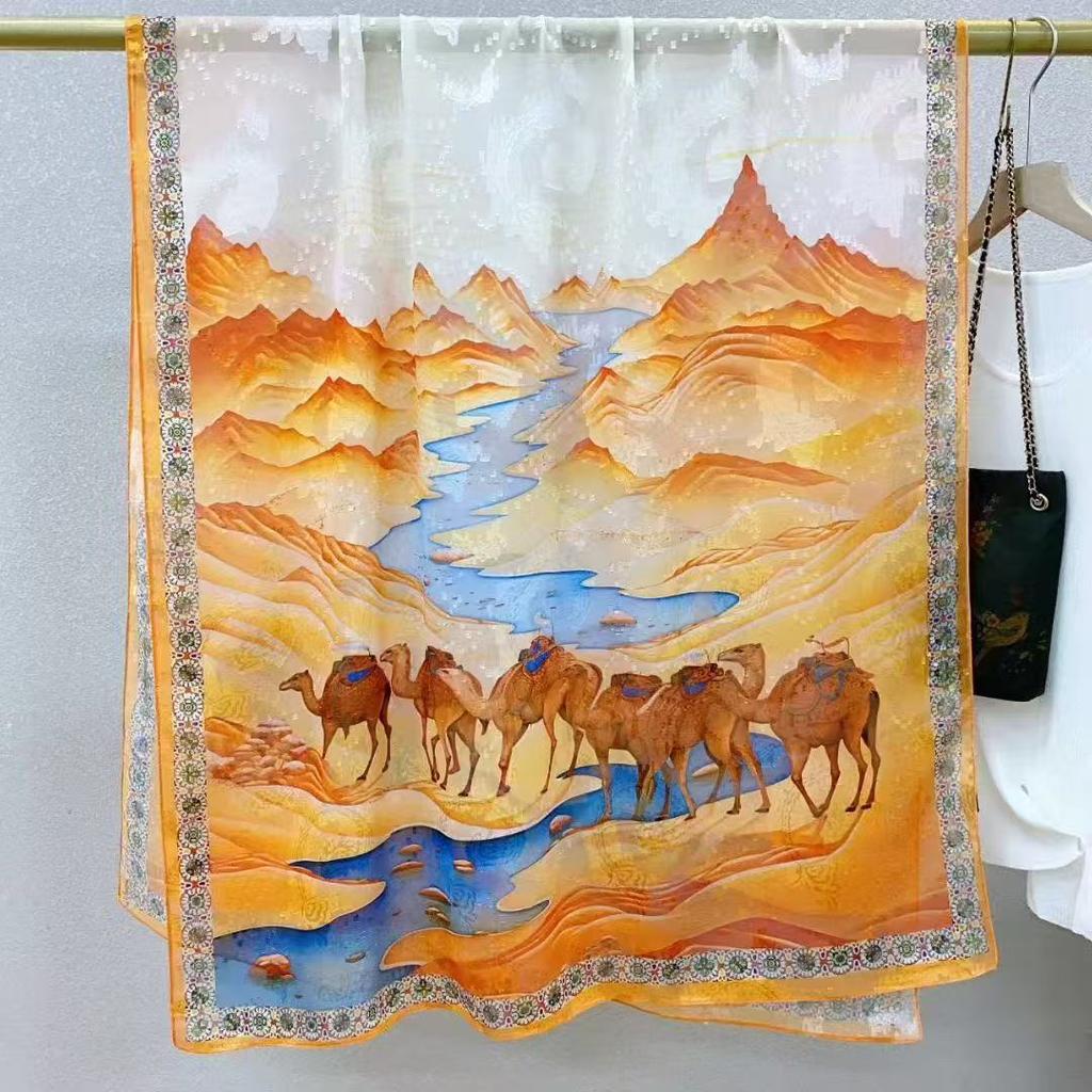 Dunhuang Cut Flower Fragrant Cloud Yarn 180 * 70 Long Towel Single-Sided Printing Shawl Versatile Fashion Sunscreen Shawl