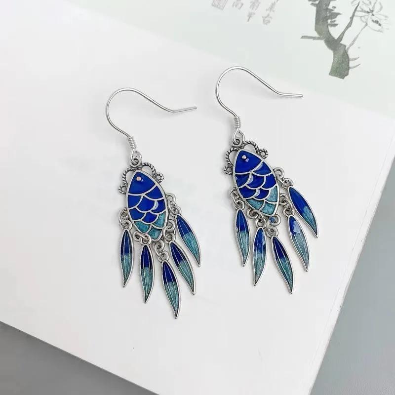 National Style   Tassel Fish Blue-green Earrings for Women Long Style Vintage Exaggerated Enamel Koi Earings Jewelry